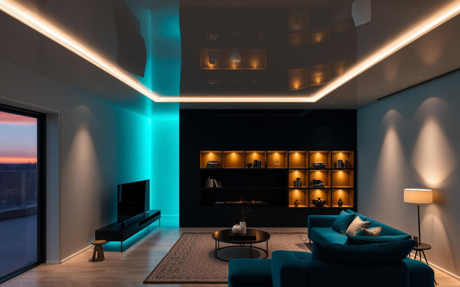 Moderná obývačka s napínaným stropom a LED podsvietením